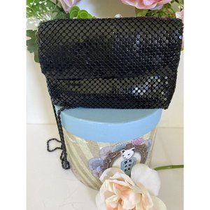 Vintage 60s Black Purse Metallic Mesh Crossbody‎ Evening Bag Metal Strap 7" X 5"